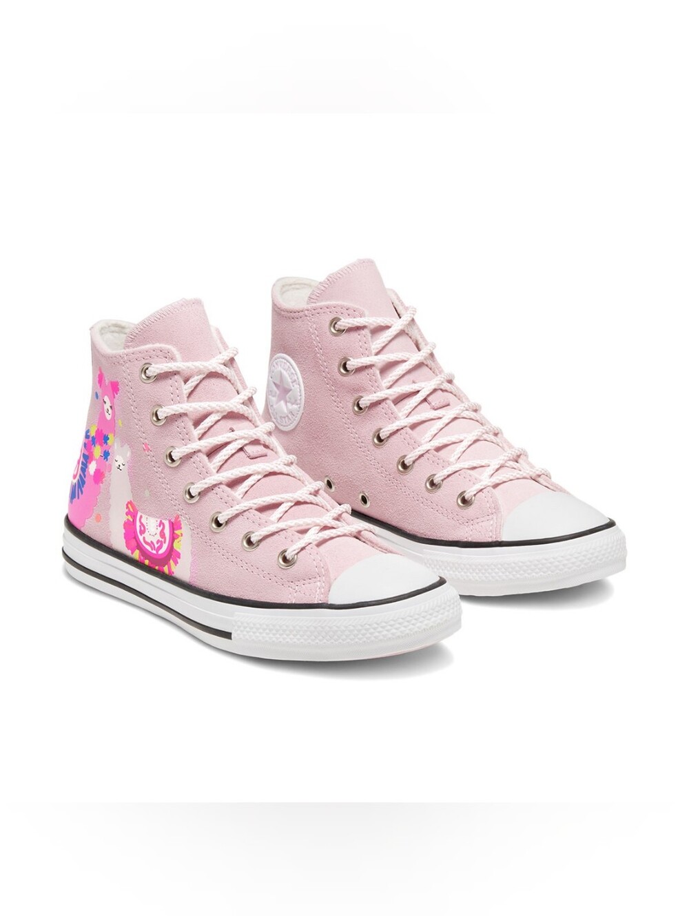 Pink Converse Chuck Taylor All Star High sneakers feature a playful llama